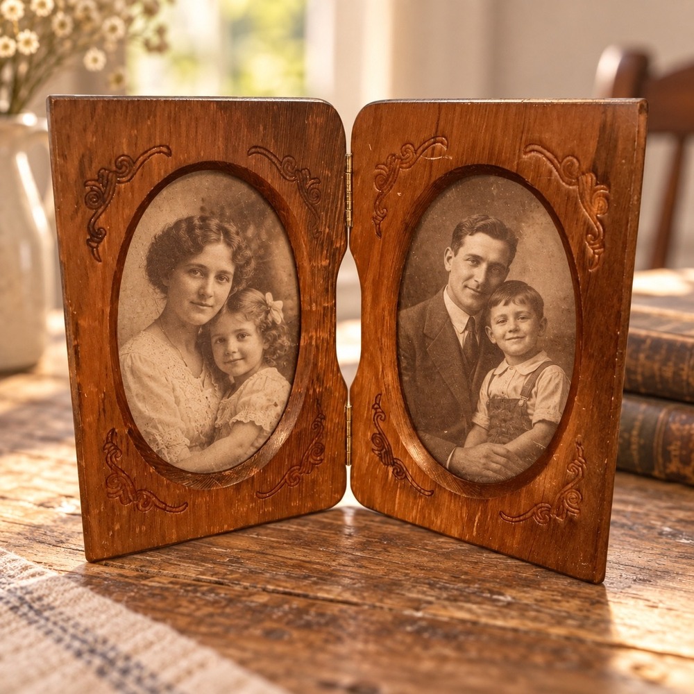 Vintage Carved Wood Double Folding Picture Frame Hinged Oval 10.75x9